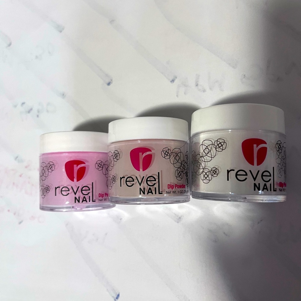 Set of 3 revel nail dip powders and bottle of activator. New